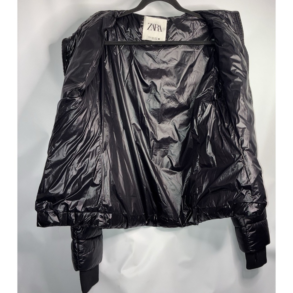 Zara Jacket Shiny Puffer Quilted Women's XL Hooded Snap Buttons Full Zip Pockets - Picture 3 of 7